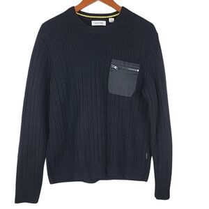 Calvin Klein Sweater Mens Large Slim Fit Black Wool Blend Ribbed Commando Crew